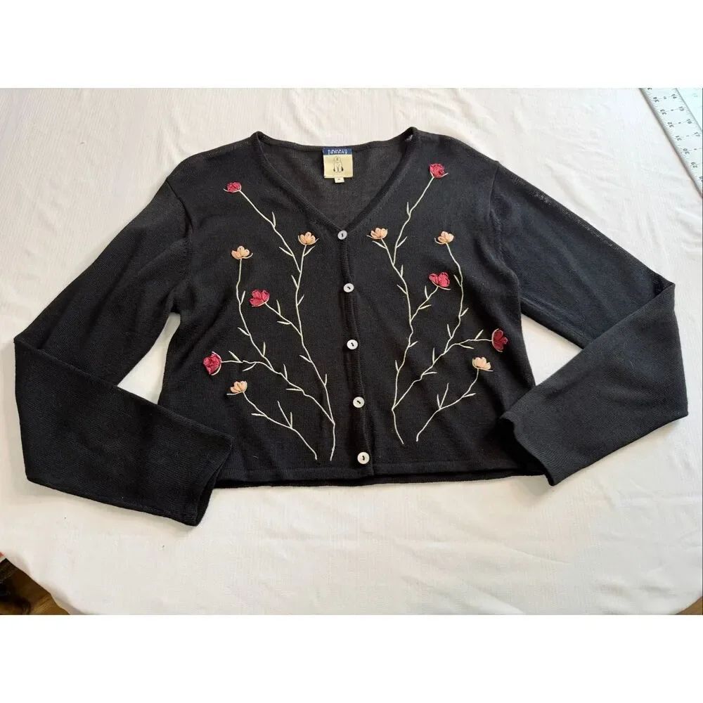 Cousin Johnny Black Vintage Floral Embroidered Cardigan Sweater Size Medium